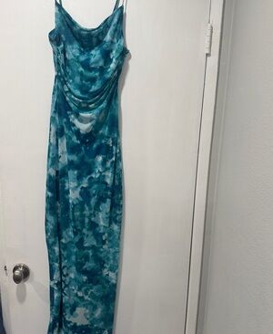 Persaya- Teal Tie-Dye Sheer Cowl Neck Maxi Dress with Spaghetti Straps